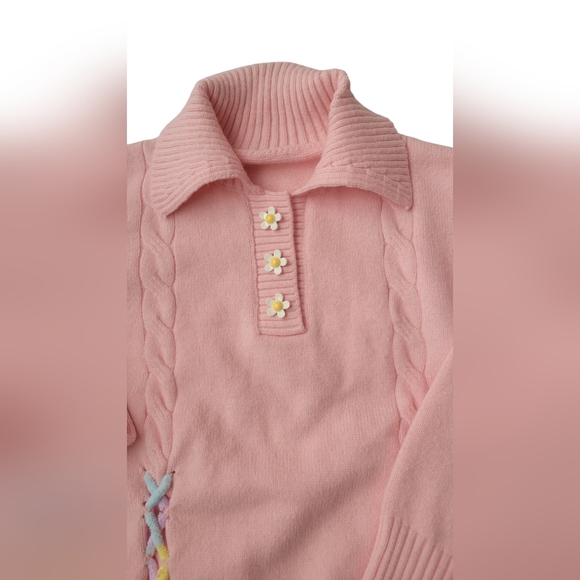 Chouyatou Cute Flower Sweater long Sleeve Collared Cable Knit size M - Picture 2 of 6